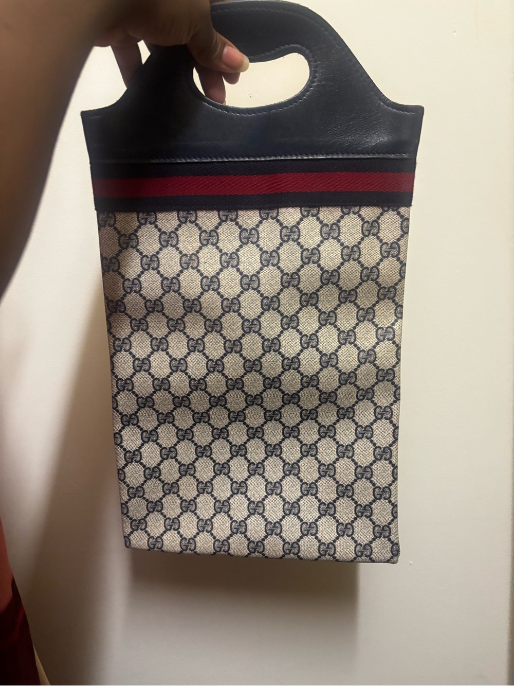 Gucci GG Supreme Canvas Tote with Navy Leather and Red Stripe